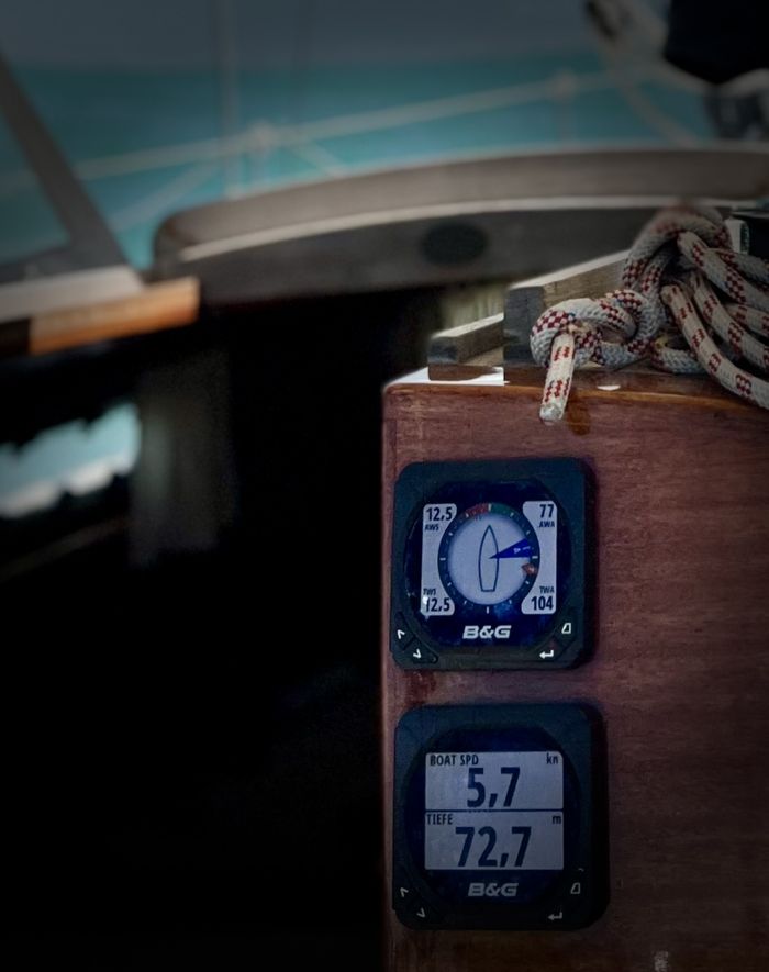 Navigationsinstrumente an Bord: Digitale Anzeigen für Wind, Bootsgeschwindigkeit und Wassertiefe
