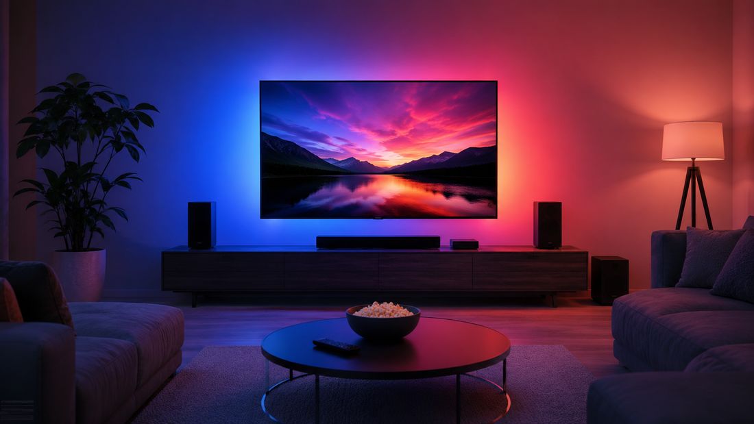 Wohnzimmer mit grossem Flachbildfernseher und stimmungsvoller Ambient-Beleuchtung in Blau und Rot